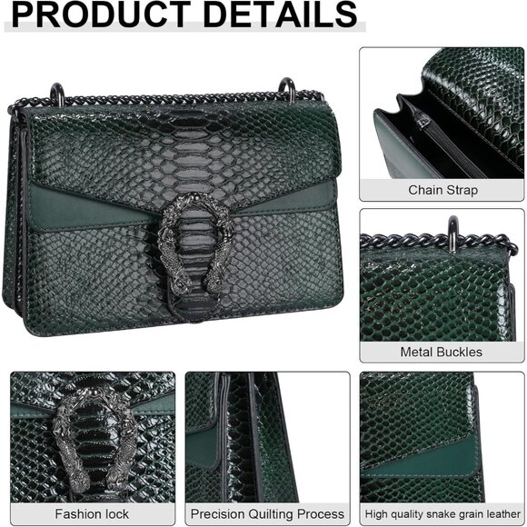 ⚡ Women's Dark Green Snake Vegan Leather Print Casual Satchel Crossbody Handbag - Picture 3 of 7